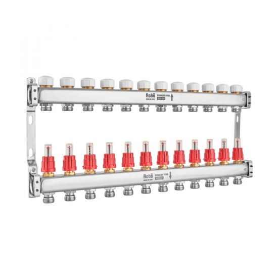 Колектор з витратоміром та термостатичними клапанами Roho R804-12M - 1"х 12 вих. (RO1036)