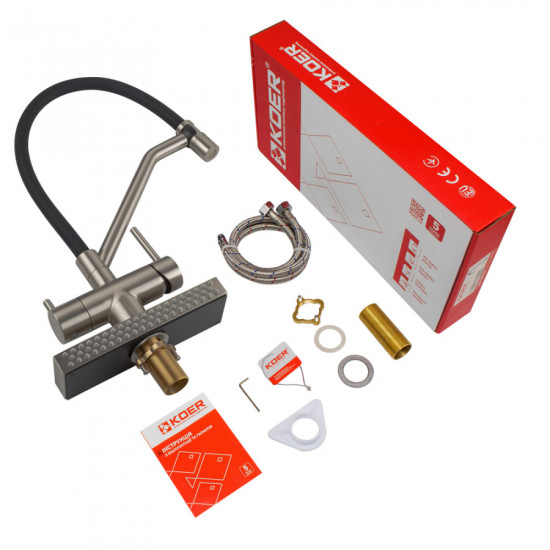 Змішувач для кухні Koer KB-74027-02 з функцією "водоспад" та чорним силіконовим виливом (KR5201)