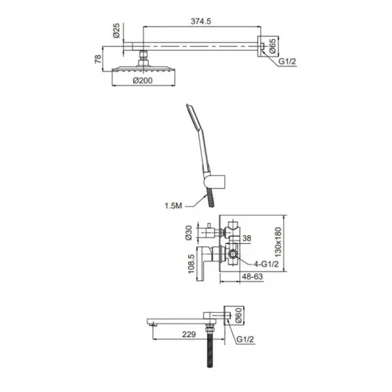 Вбудована душова система Koer KI-66015-02 (з нерж. сталі) (Колір нерж) (KR4785)