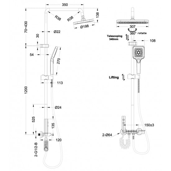 Душова колона зі змішувачем Mixxus Premium MARLIN 009-J GRAPHITE з кнопкою перемикання, 4 режими (M