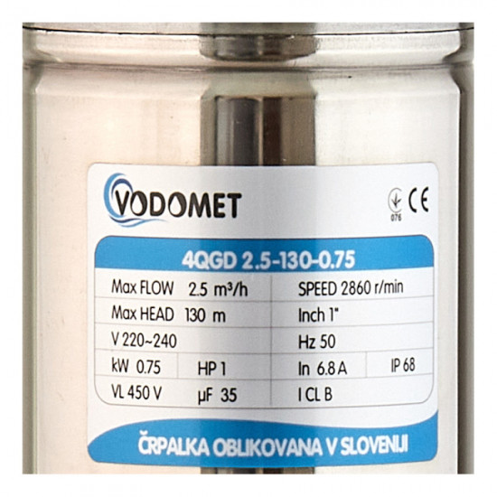 Насос свердловинний шнековий Vodomet 4QGD 2.5-130-0.75 Н=130М, Q=40л/хв, P=750 Вт (VO4158)