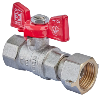 Клапан шаровой Koer KR.222 - 1/2" FF ГГМ с гайкой, ручка "бабочка" красная (KR4769)