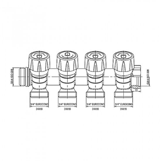 Коллектор с регулирующими вентилями на 4 выхода. Roho R809-04 - 3/4"x3/4" EK (RO0251)