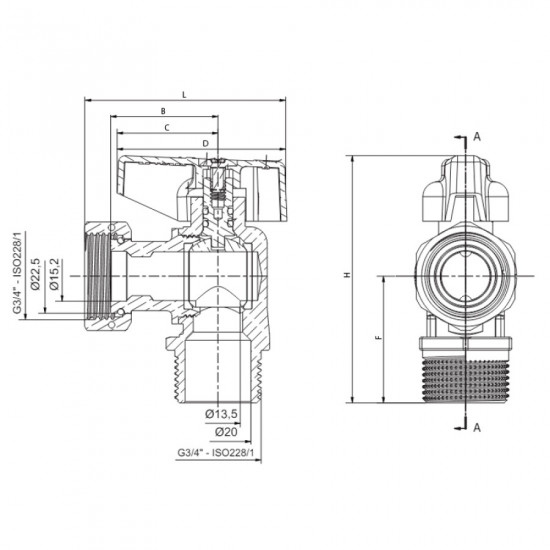 Кран кульовий кутовий Н/Г, ручка "метелик" червона Roho R116-075 -3/4"х3/4" ВЗ (RO0237)