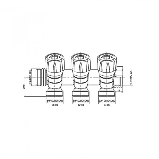 Колектор з регулюючими вентилями на 3 вих. Roho R809-03 - 3/4"x3/4" EK (RO0250)