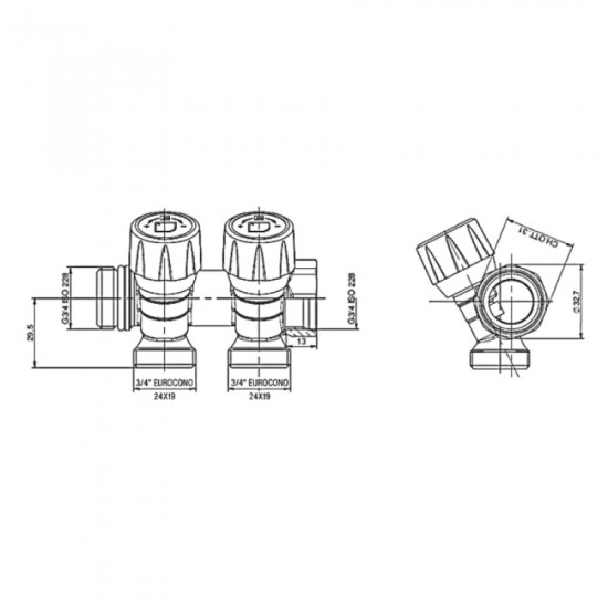 Колектор з регулюючими вентилями на 2 вих. Roho R809-02 - 3/4"x3/4" EK (RO0249)