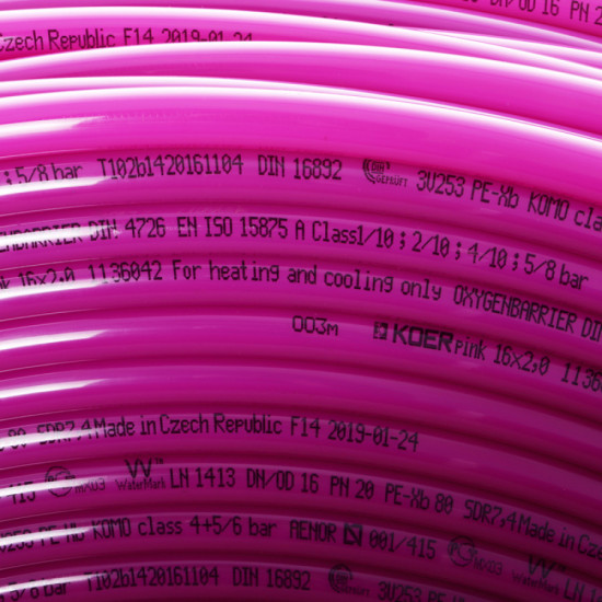 Труба для теплої підлоги з кисневим бар'єром Koer PEX-B EVOH 16*2,0 (pink) (240 м) (KR2828)