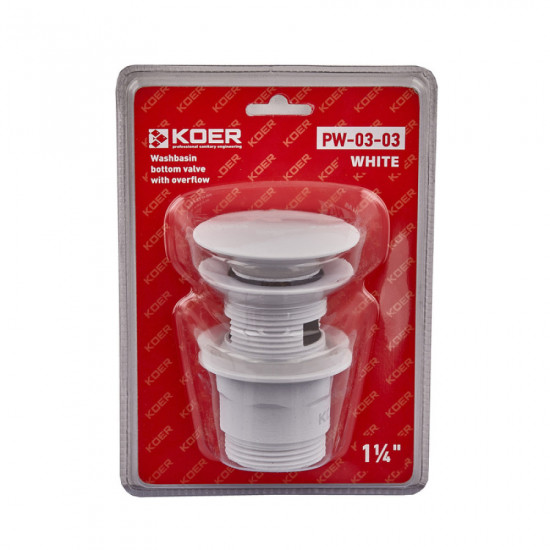 Донный клапан для умывальника с переливом Koer PW-03-03 1 1/4'' (кнопка) (Белый) (KR3395)