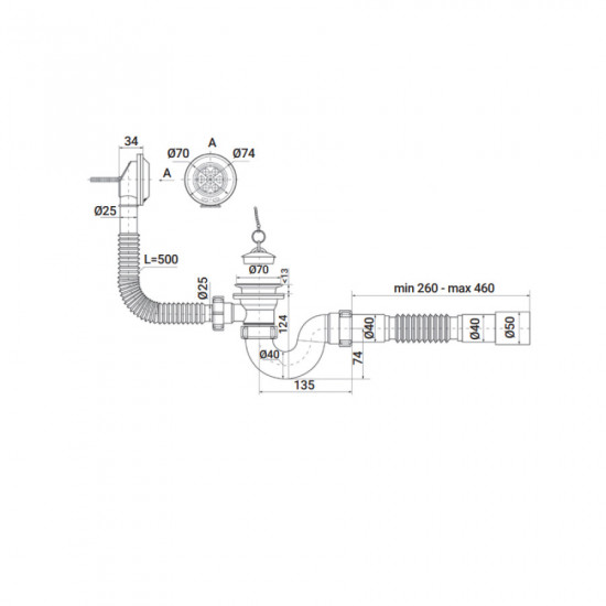 Сифон для ванної кімнати Zerix SV-01-A 1 1/2" прямоточний з випуском і переливом (ZX4957)