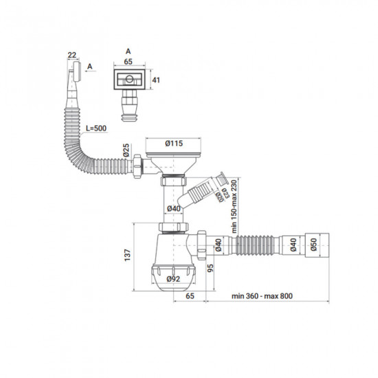 Сифон для кухни Zerix SK-02-B 3 1/2"x40 с резьбовым выпуском и отводом для стиральной машины (ZX495