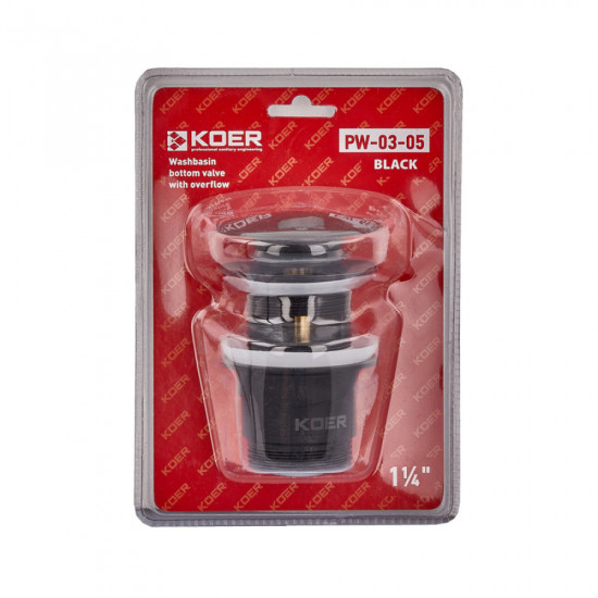 Донный клапан для умывальника с переливом Koer PW-03-05 1 1/4'' (кнопка) (Чёрный) (KR3396)