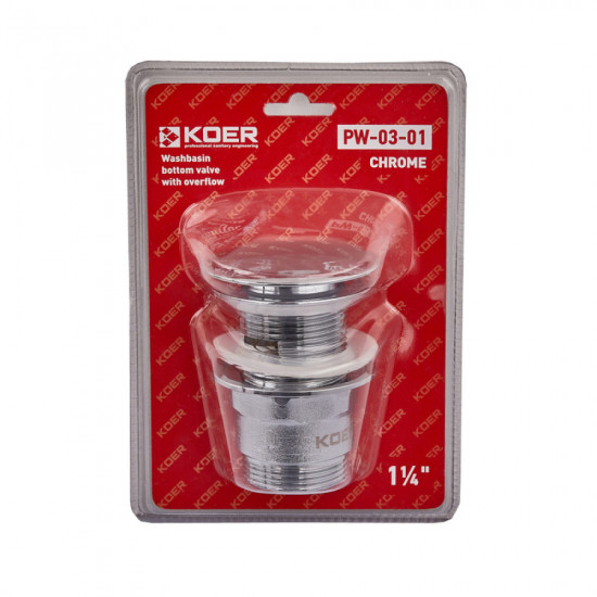 Донный клапан для умывальника с переливом Koer PW-03-01 1 1/4'' (кнопка) (Цвет хром) (KR3394)