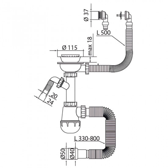 Сифон для кухні Mixxus SK-07-B 3 1/2"x40 з нерж.сіткою, відведенням для пральної машини, гнучким кр