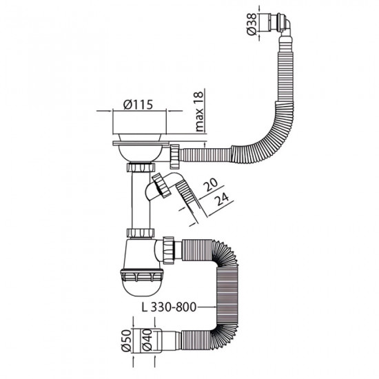 Сифон для кухні Mixxus SK-06-WH 3 1/2"x40 з пластиковою сіткою, відведенням для пральної машини, гн