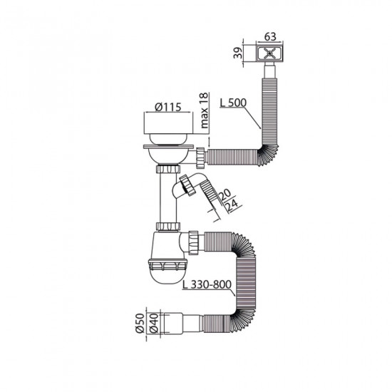 Сифон для кухні Mixxus SK-05-BL 3 1/2"x40 з пластиковою сіткою, відведенням для пральної машини, гн