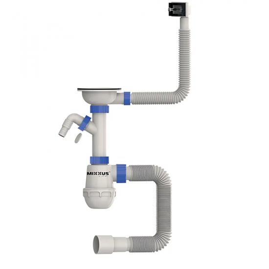 Сифон для кухні Mixxus SK-02-B 3 1/2"x40 з нерж.сіткою, відведенням для пральної машини, гнучким пр