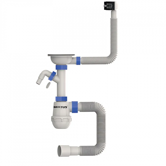 Сифон для кухні Mixxus SK-02-B 3 1/2"x40 з нерж.сіткою, відведенням для пральної машини, гнучким пр