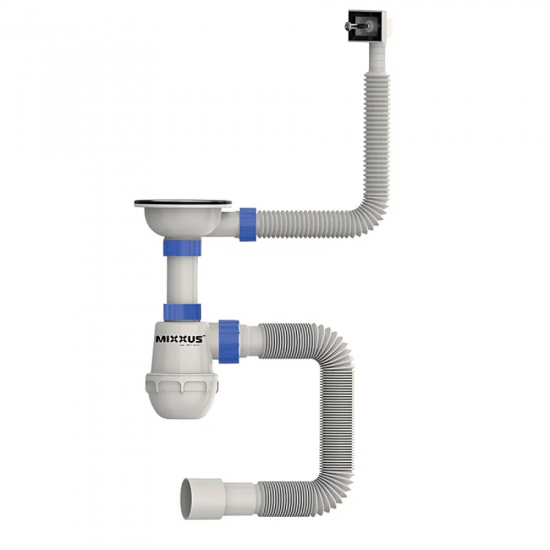 Сифон для кухні Mixxus SK-02-A 3 1/2"x40 з нержавіючою сіткою, гнучким прямокутним переливом (MI819