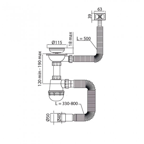 Сифон для кухні Mixxus SK-02-A 3 1/2"x40 з нержавіючою сіткою, гнучким прямокутним переливом (MI819