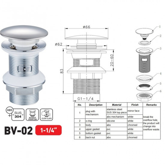 Донний клапан для раковини Zerix BV-02 1 1/4''  без переливу автоматичний СLICK-СLACK (Колір хром)