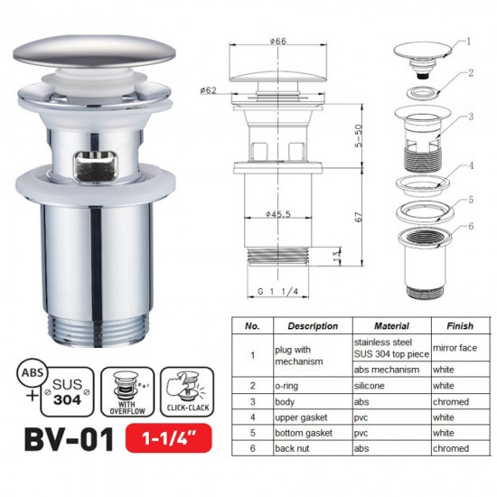 Донний клапан для раковини Zerix BV-01 1 1/4'' з переливом автоматичний СLICK-СLACK (Колір хром) (Z