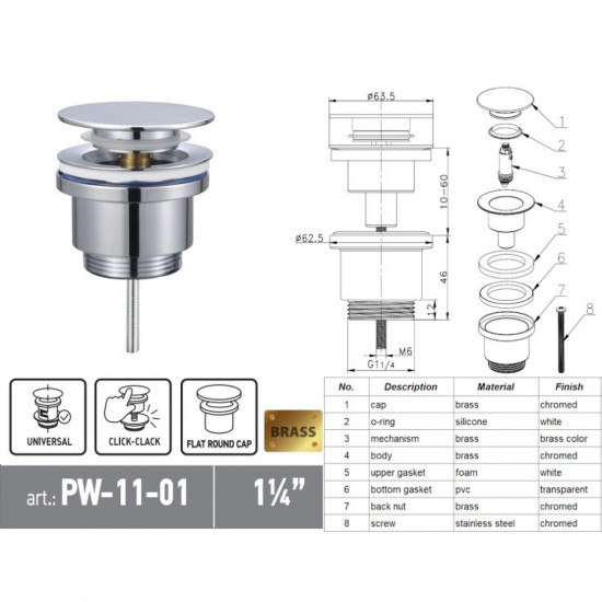 Донний клапан для раковини Koer PW-11-01 1 1/4''  універсальний (з/без перел) СLICK-СLACK (Колір хр