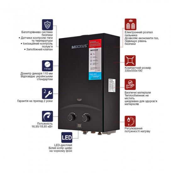 Газовая колонка MIXXUS GWH-0210 BASIC BLACK дымоходная 10 л/мин (цвет черный) (WH0023)