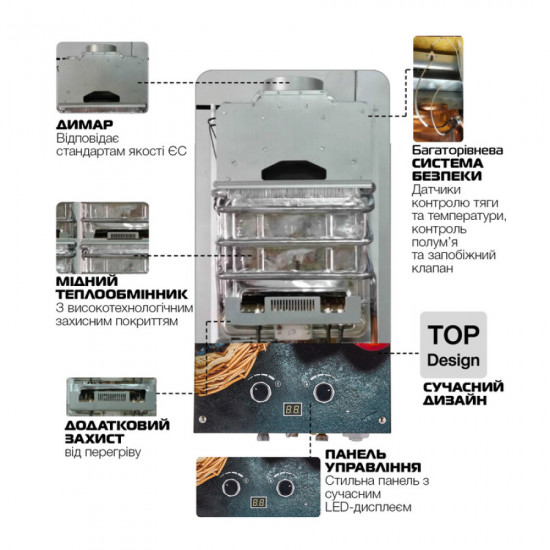 Газовая колонка MIXXUS GWH-0310 BASIC GLASS дымоходная 10 л/мин (панель из стекла с рисунком) (WH0024)