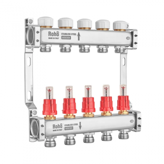 Колектор з витратоміром та термостатичними клапанами Roho R804-05M - 1"х 5 вих. (RO1030)