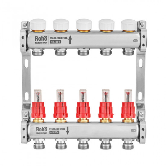 Колектор з витратоміром та термостатичними клапанами Roho R804-05M - 1"х 5 вих. (RO1030)