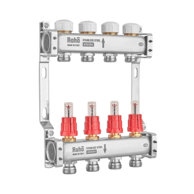 Коллектор с расходомером и термостатическими клапанами Roho R804-04M - 1"х 4 вых. (RO1029)