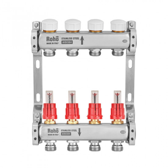 Коллектор с расходомером и термостатическими клапанами Roho R804-04M - 1"х 4 вых. (RO1029)
