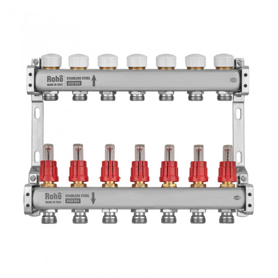 Коллектор с расходомером и термостатическими клапанами Roho R804-07M - 1"х 7 выходов (RO1032)
