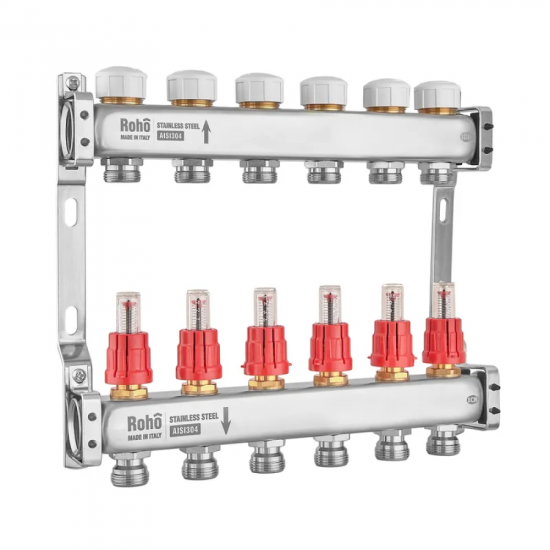 Колектор з витратоміром та термостатичними клапанами Roho R804-06M - 1"х 6 вих. (RO1031)