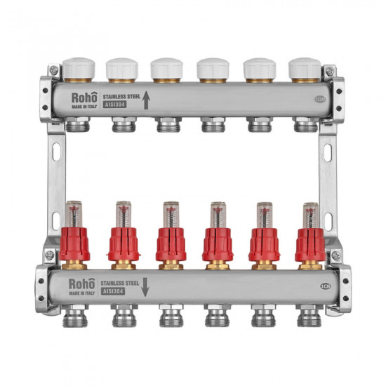 Колектор з витратоміром та термостатичними клапанами Roho R804-06M - 1"х 6 вих. (RO1031)