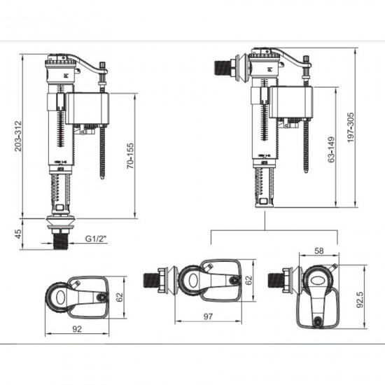 Арматура наполняющая Koer KT-0102-1/2" с универсальным подключением и пластиковой резьбой 1/