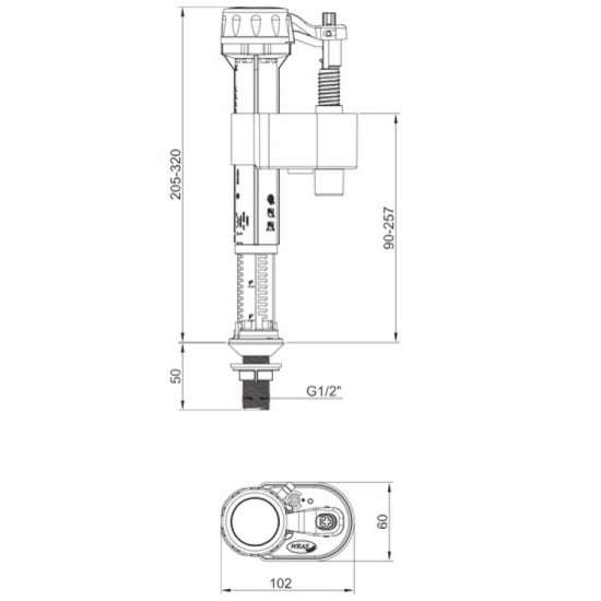 Арматура наполняющая Koer KT-0104-1/2" с нижним подключением и пластиковой резьбой 1/2" (KR5
