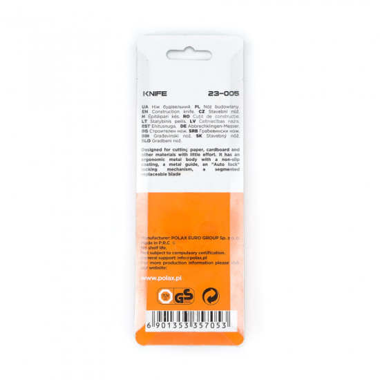Ніж будівельний Polax металевий з висувним лезом, авто замок 18 мм (23-005)