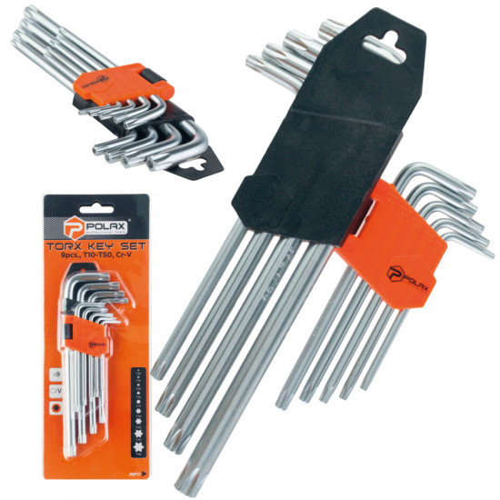 Набір шестигранних TORX ключів Polax Г-подібних подовжених, 9 предметів, Т10-Т50, Cr-V (25-008)