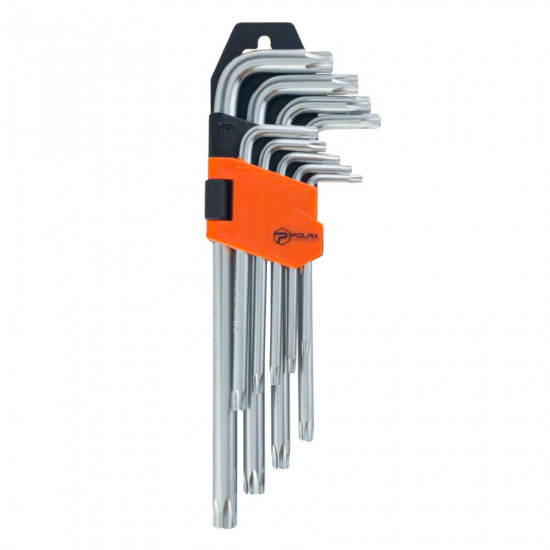 Набір шестигранних TORX ключів Polax Г-подібних подовжених, 9 предметів, Т10-Т50, Cr-V (25-008)