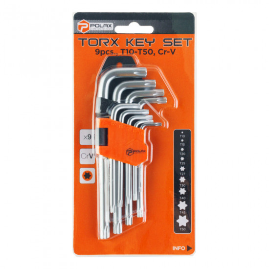 Набір шестигранних TORX ключів Polax Г-подібних, 9 предметів, Т10-Т50, Cr-V (25-007)