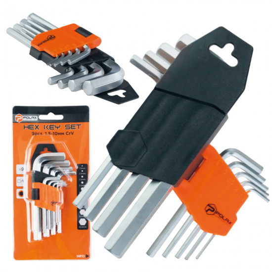 Набір шестигранних ключів Polax Г-подібних 9 предметів, 1.5-10 мм, Cr-V (25-005)