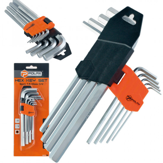 Набір шестигранних ключів Polax Г-подібних подовжених, 9 предметів, 1.5-10 мм, Cr-V (25-006)