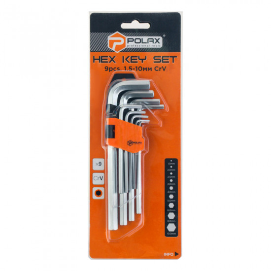 Набір шестигранних ключів Polax Г-подібних подовжених, 9 предметів, 1.5-10 мм, Cr-V (25-006)