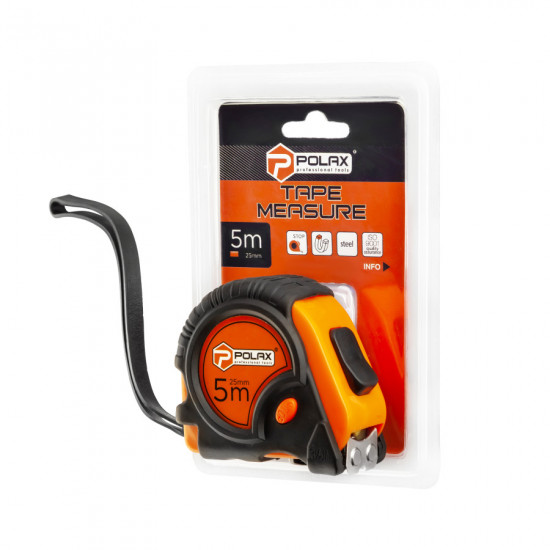 Рулетка Polax вимірювальна будівельна гумовий корпус магнітна 2 стопа фіксатор 5 м х 25 мм (29-012)