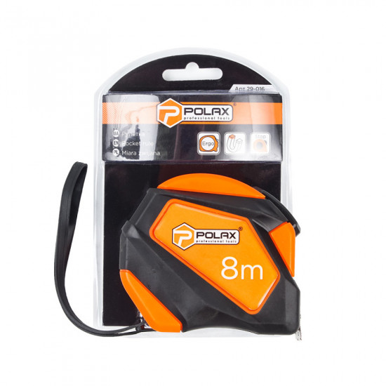 Рулетка Polax вимірювальна будівельна гумова нейлонове покриття автостоп 8 м х 25 мм (29-016)
