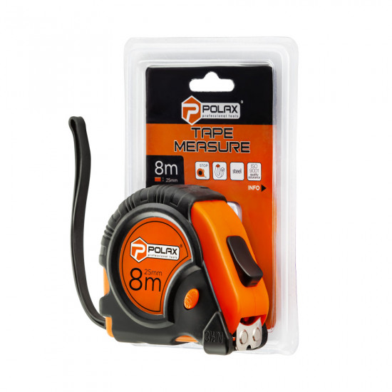 Рулетка Polax вимірювальна будівельна гумовий корпус магнітна 2 стопа фіксатор 8 м х 25 мм (29-013)
