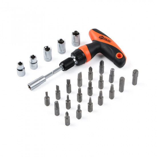 Викрутка Polax Т-подібна, з реверсом, змінними насадками і бітами 26 в 1 (51-045)