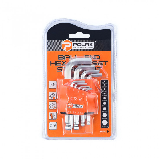 Набір шестигранних ключів Polax Г-подібних з кулею 9 предметів, 1.5-10 мм, Cr-V (25-009) Набір шестигранних ключів Polax Г-подібних з кулею 9 предметів, 1.5-10 мм, Cr-V (25-009)