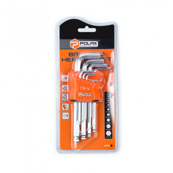 Набір шестигранних ключів Polax Г-подібних з кулею, 9 предметів, 1.5-10 мм подовжені, Cr-V (25-010)